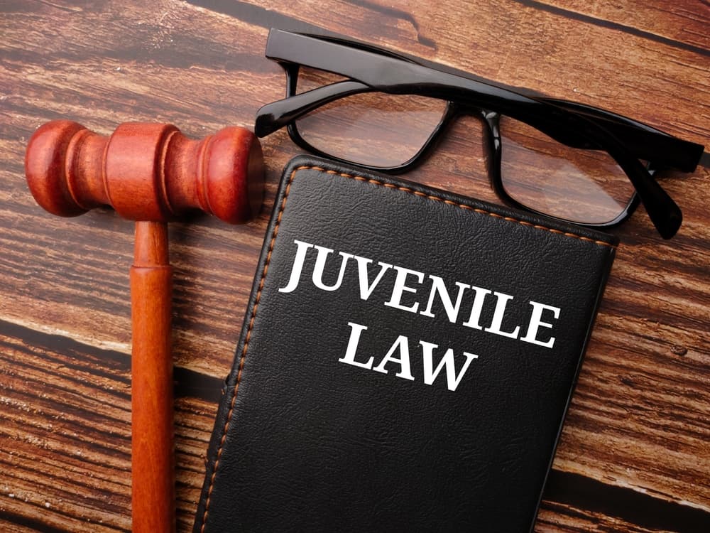 Gavel,glasses and notebook written with text JUVENILE LAW on a wooden background.