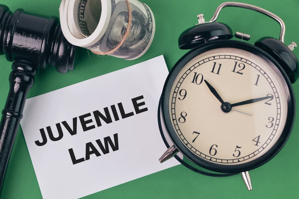 A judge's gavel, clock, and money are arranged next to a sheet of white paper with the words "JUVENILE LAW" written on it. The scene symbolizes the intersection of time, financial consequences, and legal decisions in juvenile law cases, emphasizing the urgency and impact of justice for minors.






